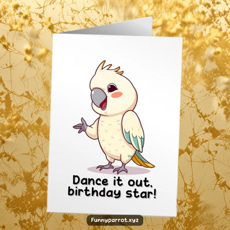 Funny Free Printable Birthday Card: Parrot with Cheeky Grin Doing a Tiny Dance Move
