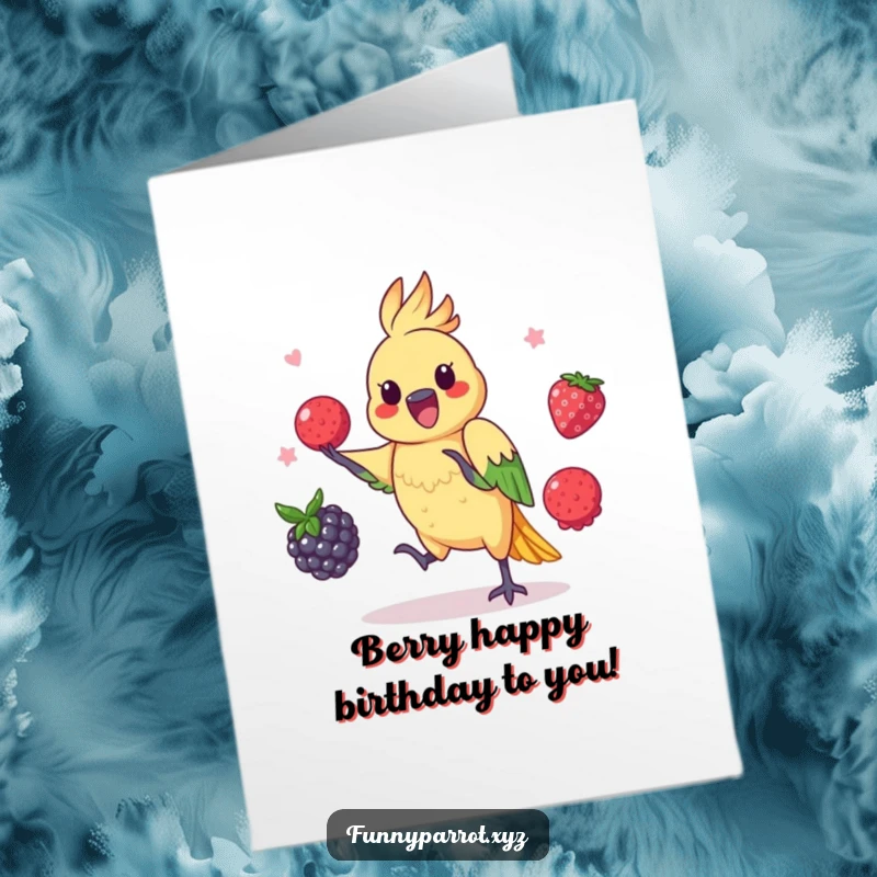 Funny Free Printable Birthday Card: Parrot Playfully Juggling Three Colorful Berries