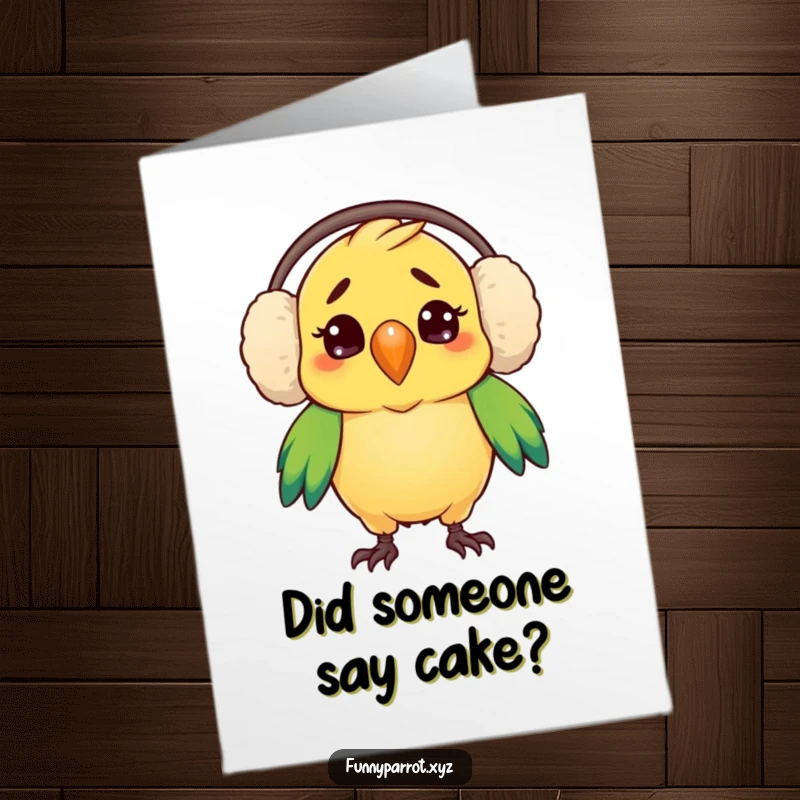 Funny free printable birthday card, a parrot in oversized earmuffs looking confused, a hilarious downloadable greeting.