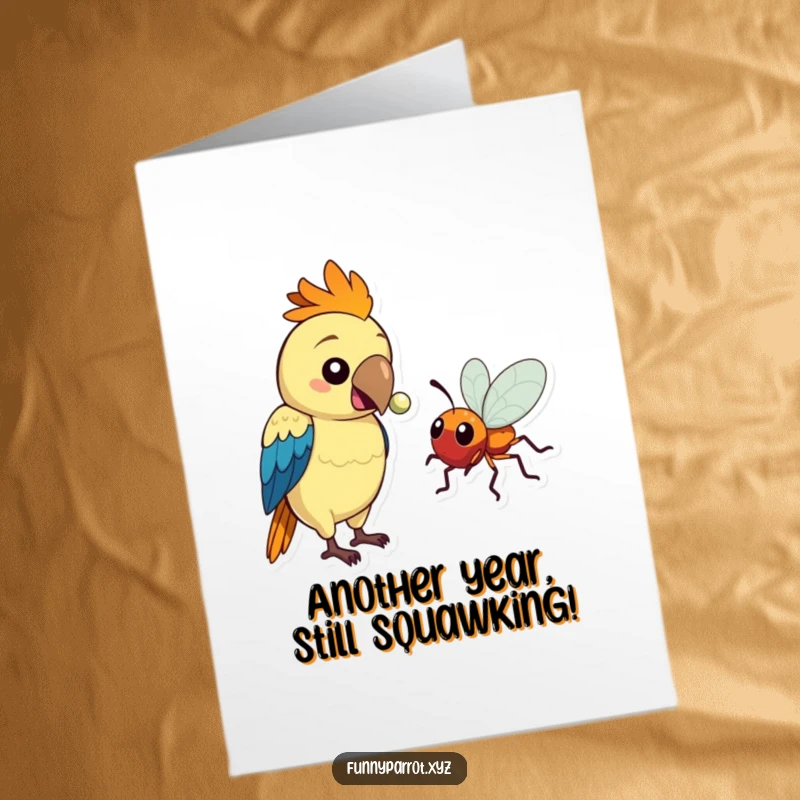 Funny free printable birthday card featuring a parrot offering a shiny bead to a bug, a delightful downloadable greeting.