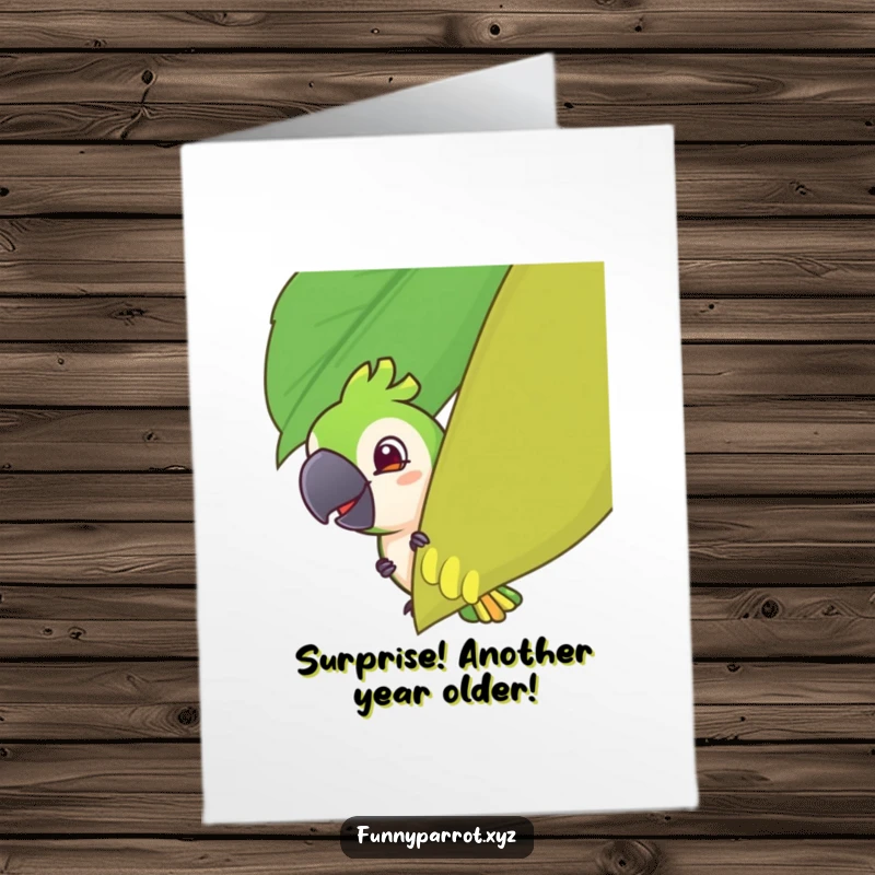 Funny free printable birthday card, a parrot peeking mischievously from behind a leaf, a playful downloadable greeting.