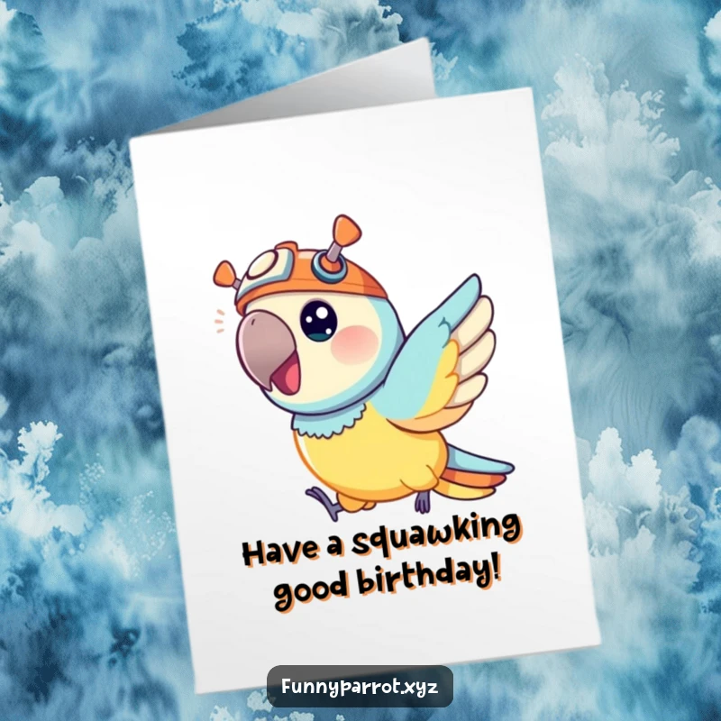 Funny Free Printable Birthday Card: Vibrant parrot in a tiny propeller hat joyfully zipping through the air. A hilarious downloadable gift.