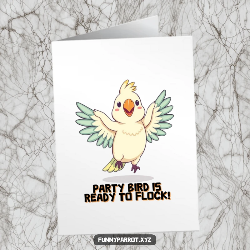 Funny Free Printable Birthday Card: Silly Parrot Performing a Wobbly Dance with Wings Outstretched