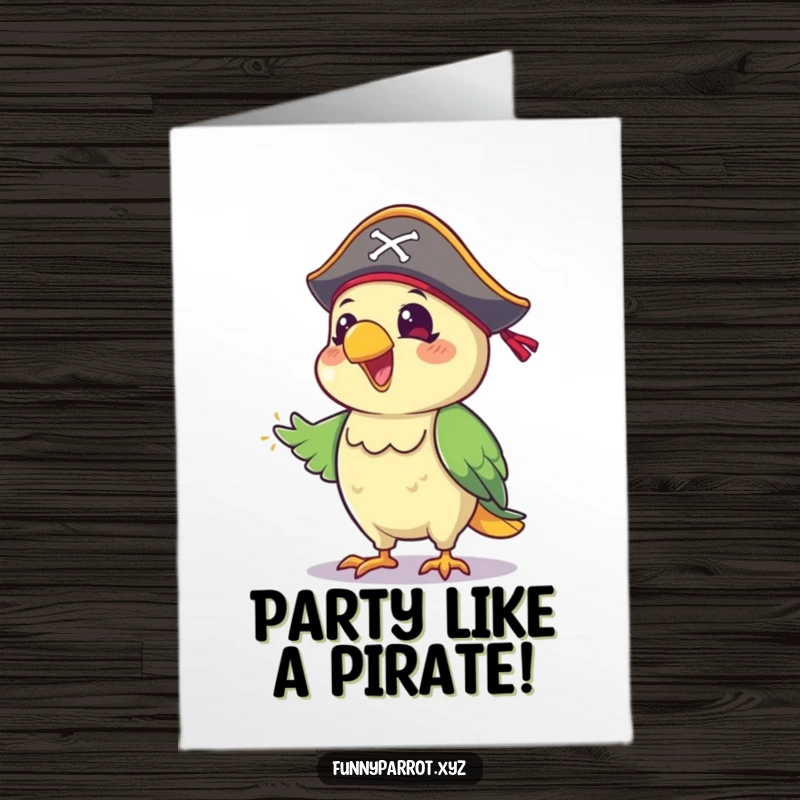 Funny Free Printable Birthday Card: Cheerful pirate parrot in a tiny hat doing a happy jig.