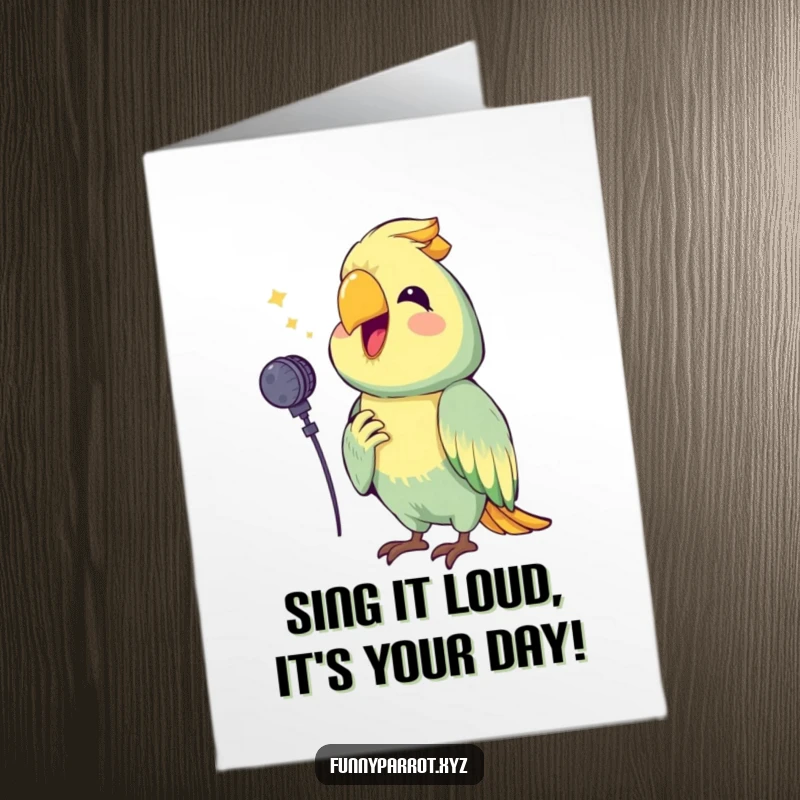 Funny Free Printable Birthday Card: Happy Parrot with Microphone Squawking a Cheerful Tune