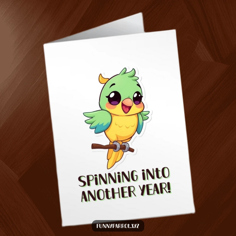 Funny Free Printable Birthday Card: Vibrant Parrot with Wide Eyes Spinning on Perch