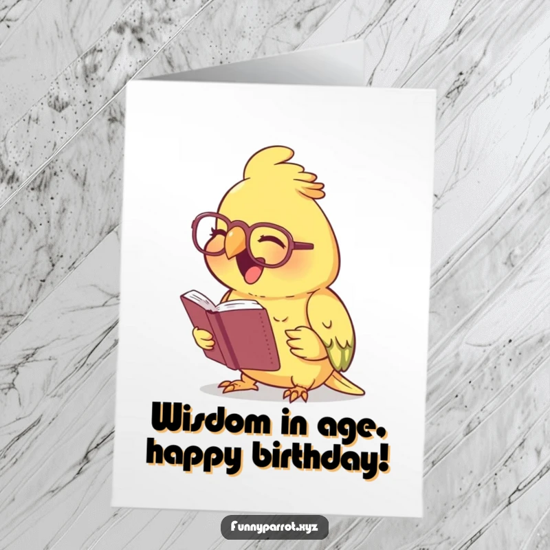 Funny Free Printable Birthday Card: A parrot in tiny spectacles laughs while reading a very small book.
