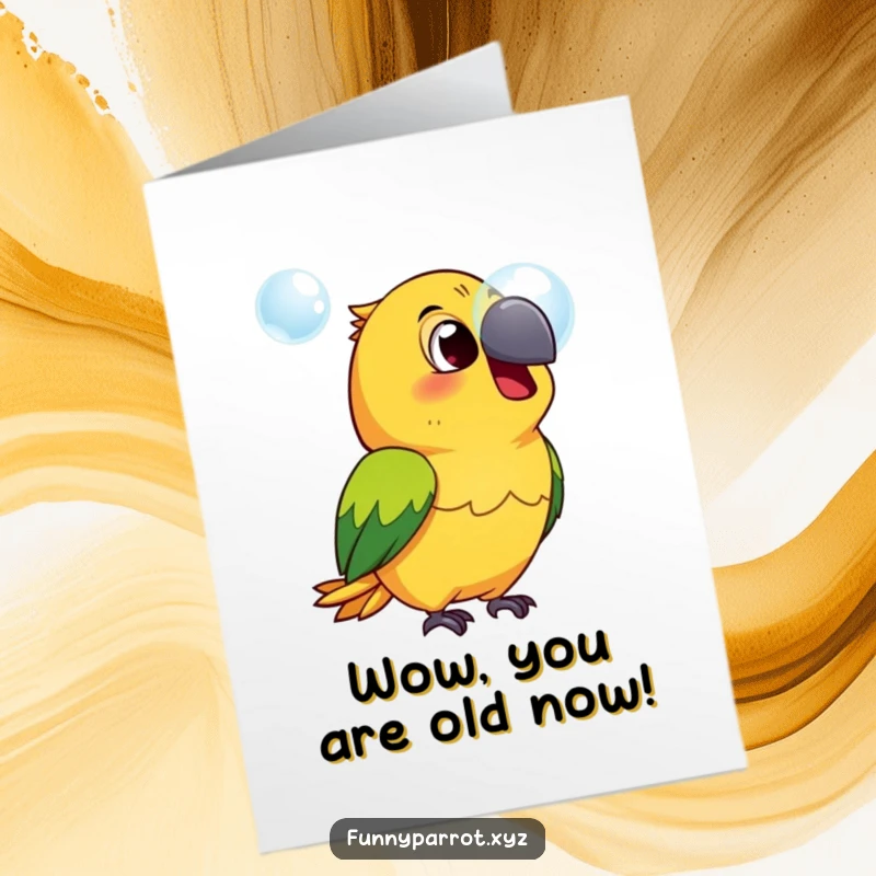 Funny Free Printable Birthday Card: A parrot looks shocked at a floating bubble, beak open, bright and colorful.
