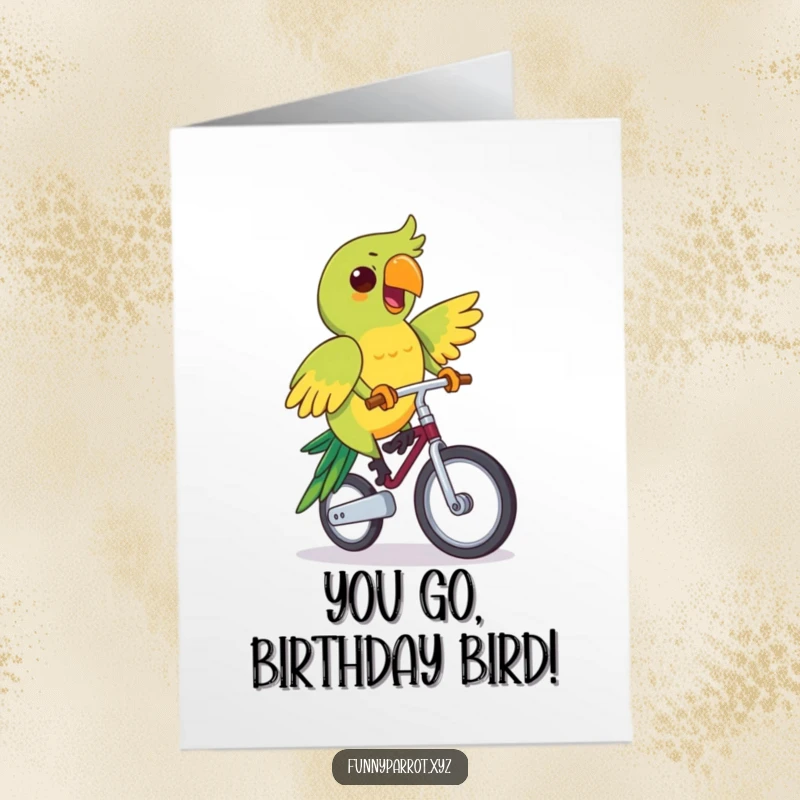 Funny free printable birthday card, a parrot joyfully riding a unicycle with a determined smile, a celebratory downloadable.