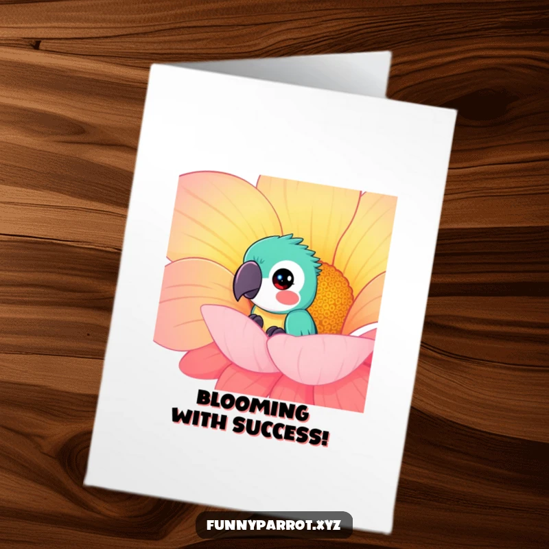 Funny Free Printable Congratulations Card: A curious parrot is partially hidden behind an enormous, brightly colored flower.