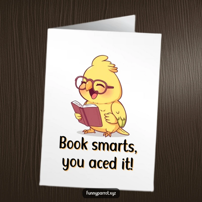 Funny Free Printable Congratulations Card: A parrot wearing small glasses finds something very amusing in a tiny book.