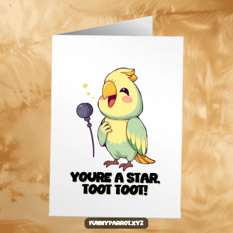Funny Free Printable Congratulations Card: Happy Parrot Holding a Microphone Squawking a Cheerful Tune
