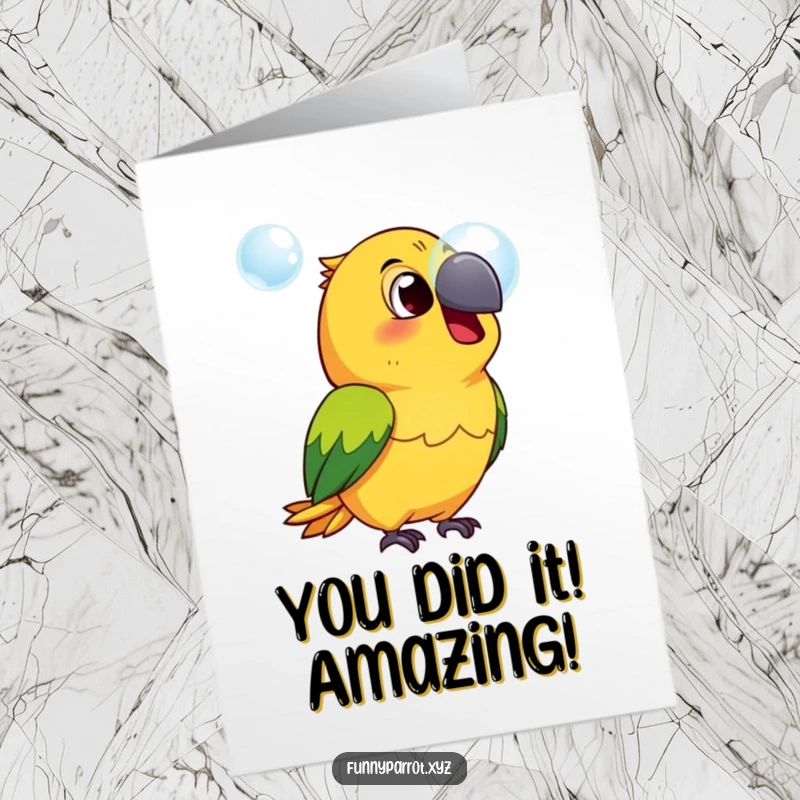 Funny Free Printable Congratulations Card: A parrot is utterly surprised by a floating bubble, a comical expression.