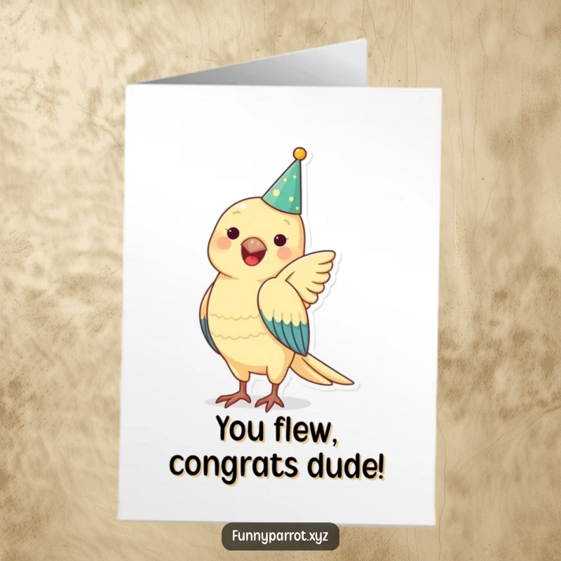 Funny free printable congratulations card featuring a jubilant parrot wearing a party hat, flapping its wings excitedly.