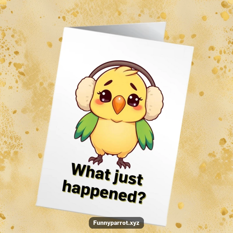 Funny free printable congratulations card, a parrot in earmuffs looking puzzled, a cheerful downloadable message.