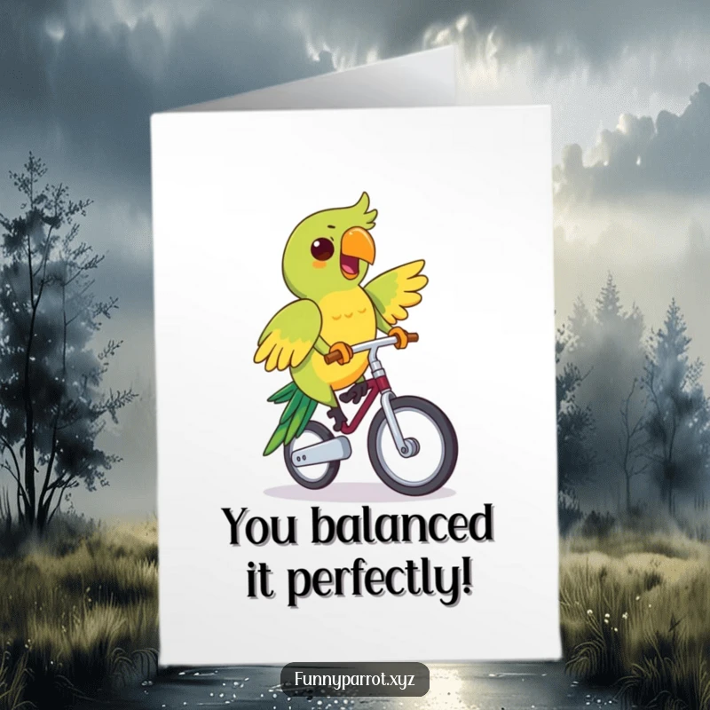 Funny free printable congratulations card, a parrot skillfully riding a unicycle, a dynamic downloadable message of success.