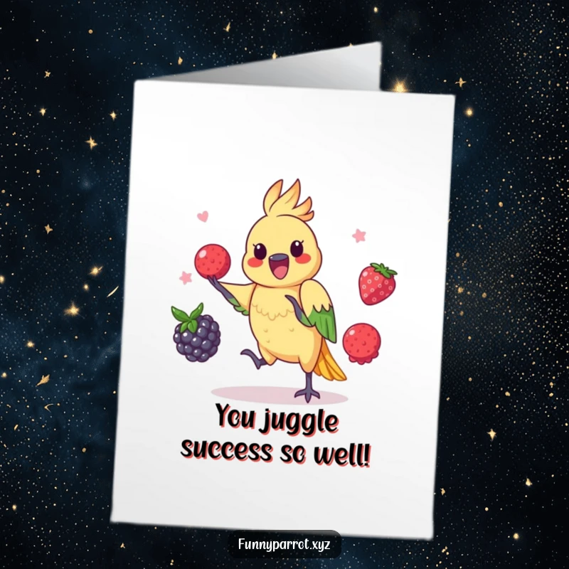 Funny Free Printable Congratulations Card: Parrot Juggling Three Brightly Colored Berries