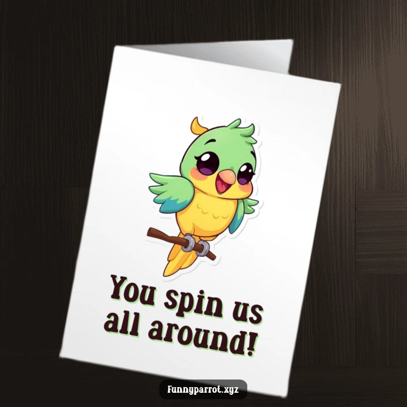 Funny Free Printable Congratulations Card: Parrot Spinning with Wide Eyes on a Perch