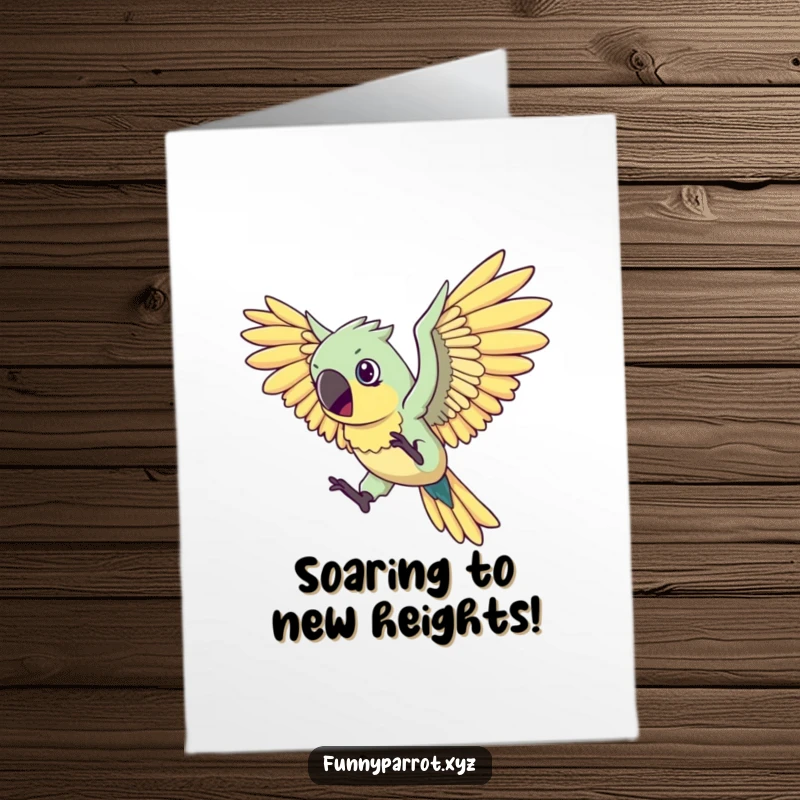 Funny Free Printable Congratulations Card: A parrot with large wings tries enthusiastically to fly, a funny scene.