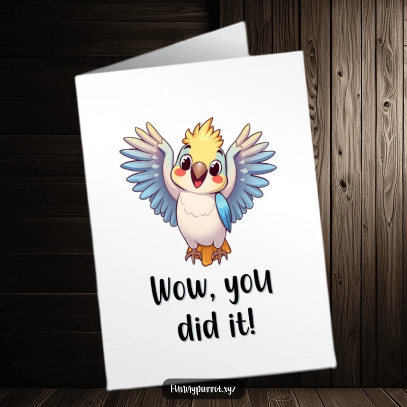 Funny Free Printable Congrats Card: A parrot with outstretched wings and a comically surprised expression, mouth agape.