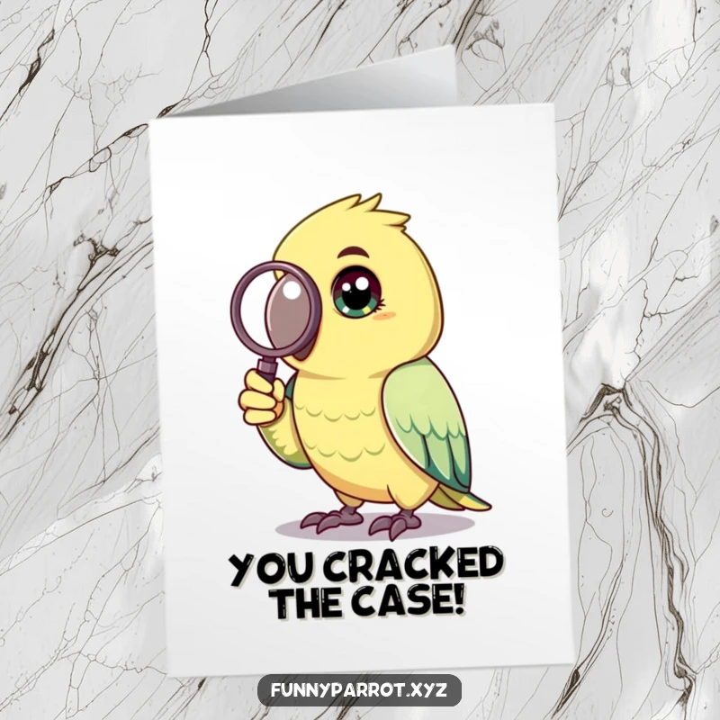 Funny Free Printable Congrats Card: A parrot with bright, inquisitive eyes using a miniature magnifying glass to investigate.