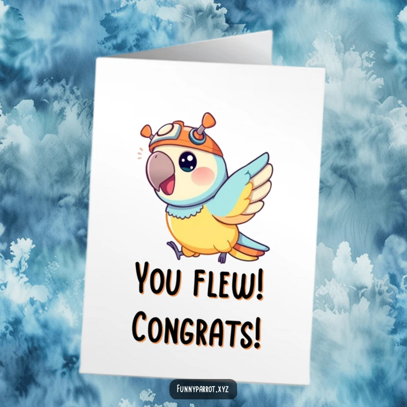 Funny Free Printable Congratulations Card: A vibrant parrot wearing a propeller hat, having a blast flying. A joyful downloadable gift.