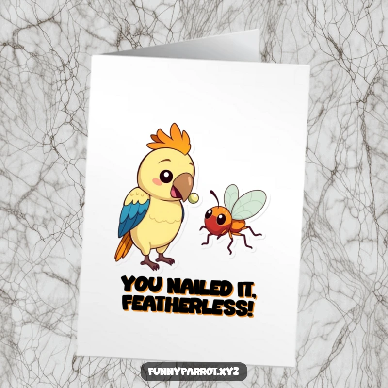 Funny free printable congratulations card with a parrot offering a bead to a bug, a humorous downloadable greeting for celebrations.