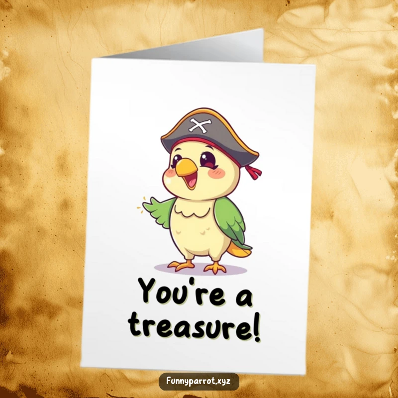 Funny Free Printable Congrats Card: Jolly pirate parrot in a hat performing a celebratory jig, wings spread wide.