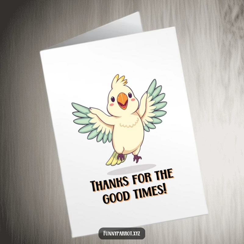 Funny Free Printable Thank You Card: Silly Parrot Doing a Wobbly Dance with Wings Outstretched