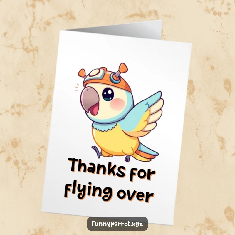 Funny Free Printable Thank You Card: A vibrant parrot with a propeller hat, flying high with thanks. A fun downloadable gift.