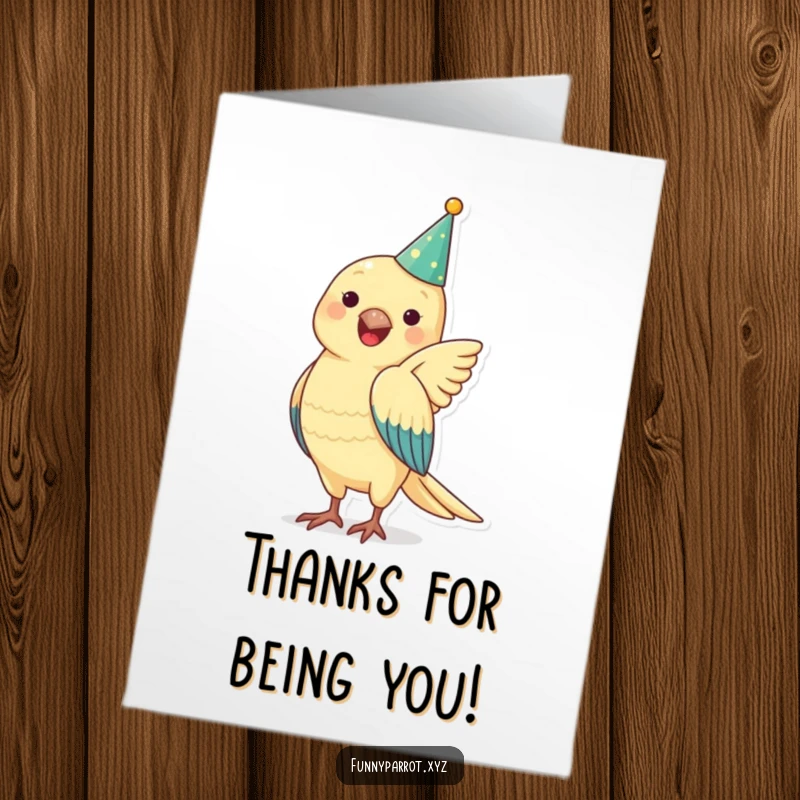 Funny free printable thank you card depicting a happy parrot in a party hat flapping its wings to express thanks.