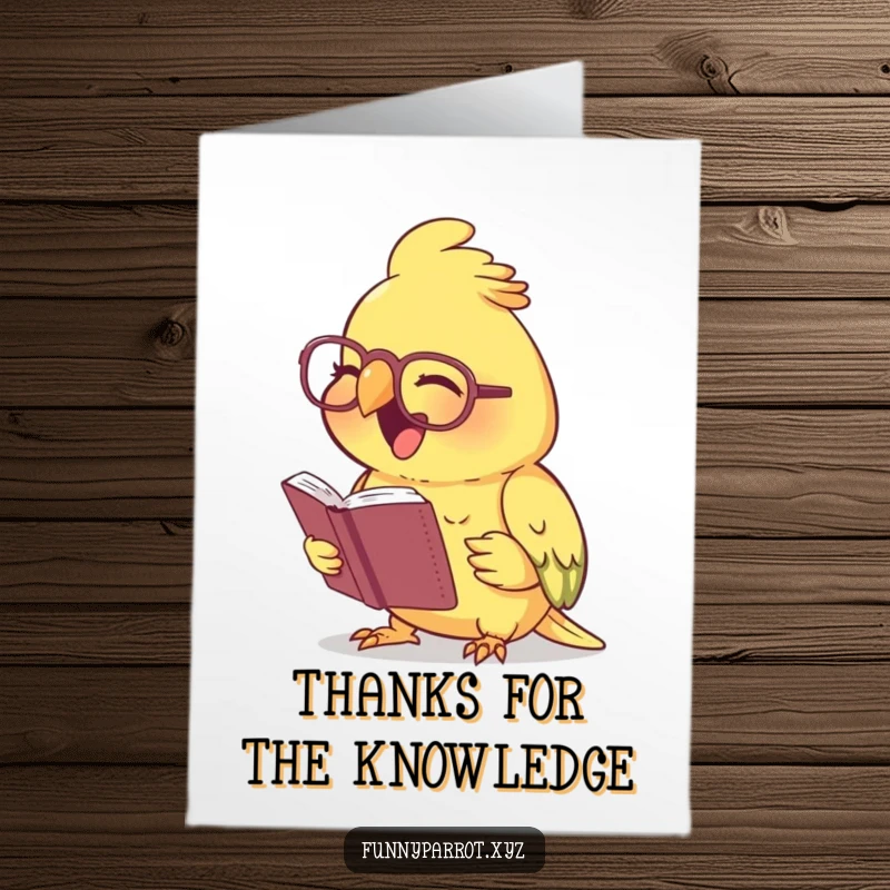 Funny Free Printable Thank You Card: A parrot with spectacles is heartily laughing while engrossed in a tiny book.
