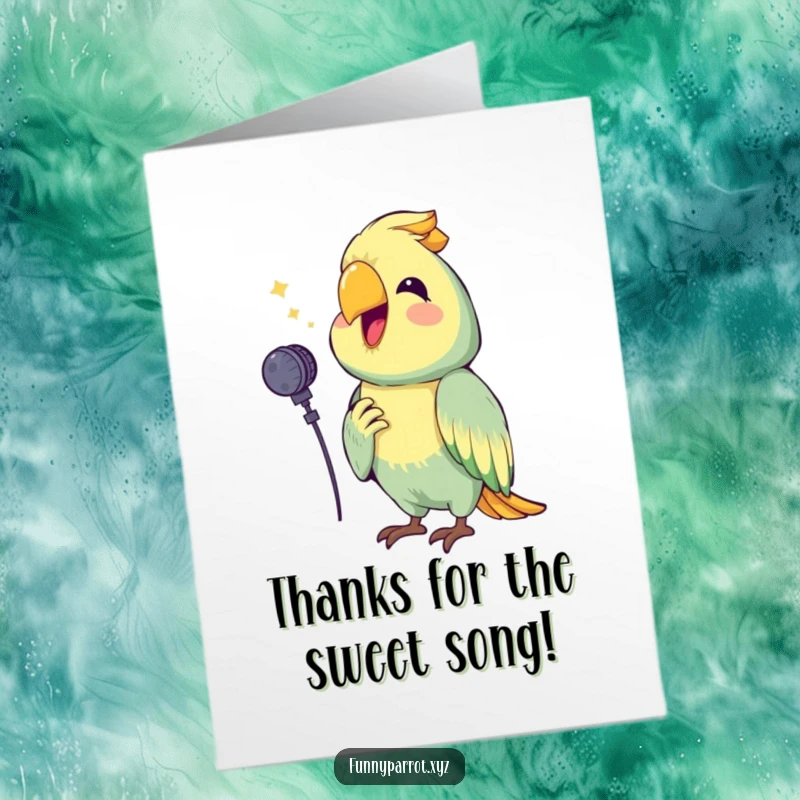 Funny Free Printable Thank You Card: Happy Parrot Holding a Microphone Squawking a Cheerful Tune