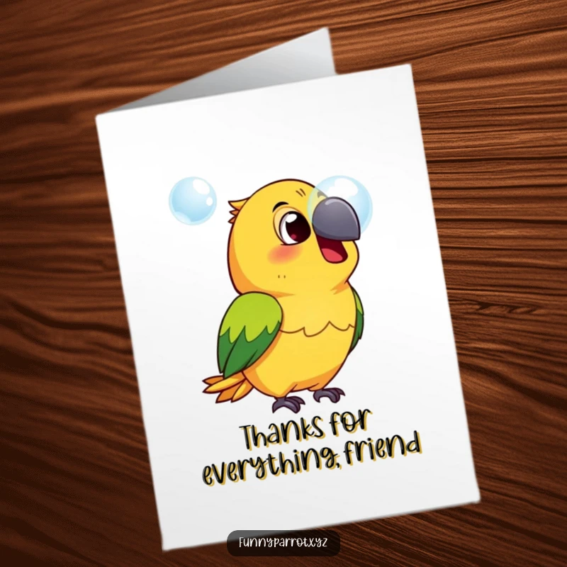 Funny Free Printable Thank You Card: A parrot shows surprise at a floating bubble, ready to express thanks.
