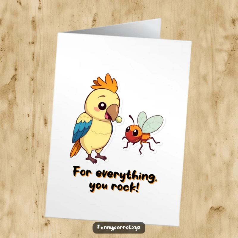 Funny free printable thank you card, a parrot shares a shiny bead with a bug, unique downloadable sentiment.