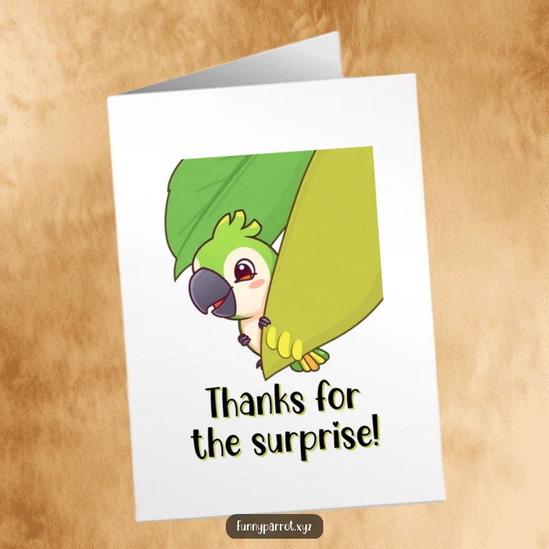 Funny free printable thank you card, a parrot with a sly grin peeking from behind a tropical leaf, a humorous downloadable.