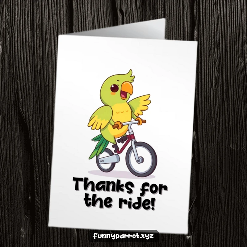 Funny free printable thank you card, a parrot balancing on a unicycle with cheer, a humorous downloadable expression.