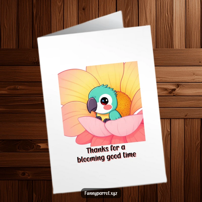 Funny Free Printable Thank You Card: A parrot shyly peeks out from behind a spectacularly large, colorful flower.