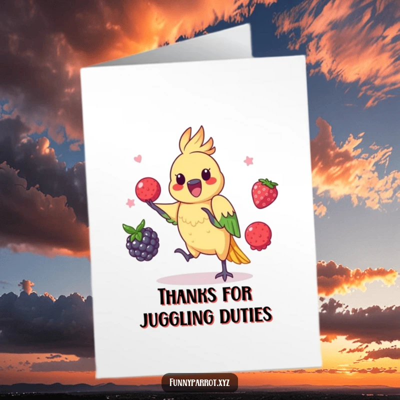 Funny Free Printable Thank You Card: Parrot Juggling Colorful Berries with Playful Dexterity