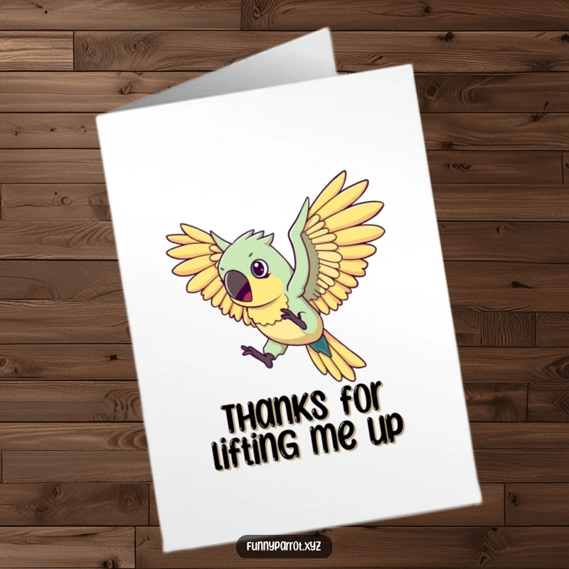 Funny Free Printable Thank You Card: A parrot with huge wings makes a determined effort to fly, looking funny.