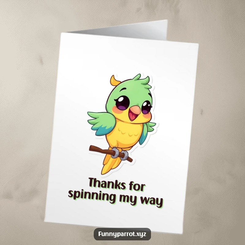 Funny Free Printable Thank You Card: Excited Parrot Spinning Joyfully on a Perch