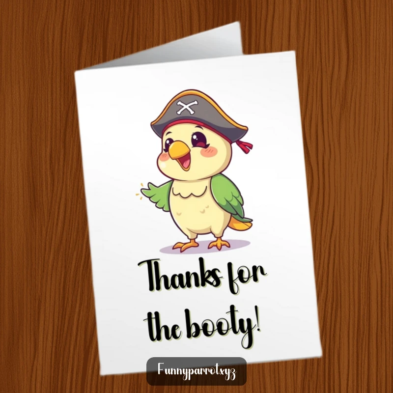 Funny Free Printable Thank You Card: Playful pirate parrot in a hat doing a happy jig, spreading joy.