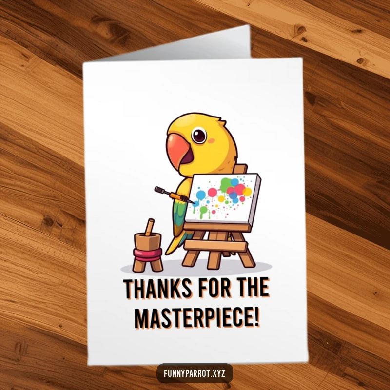 Funny free printable thank you card, a parrot painting abstract art with its beak, a creative downloadable expression.