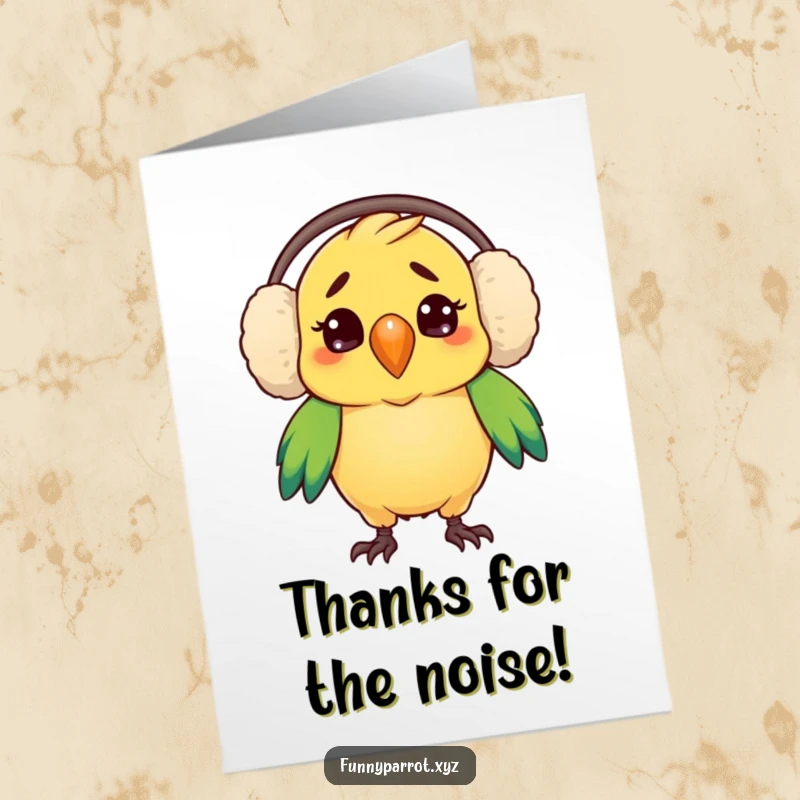 Funny free printable thank you card, a parrot wearing huge earmuffs looking bewildered, a humorous downloadable expression.
