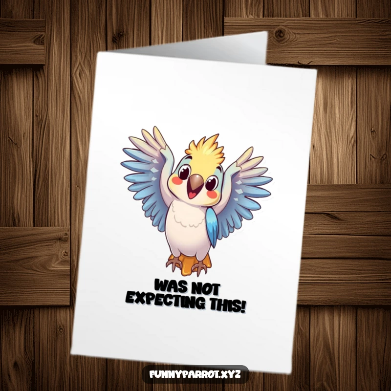 Funny Free Printable Thank You Card: Parrot with wings spread wide, mimicking a surprised and grateful expression.