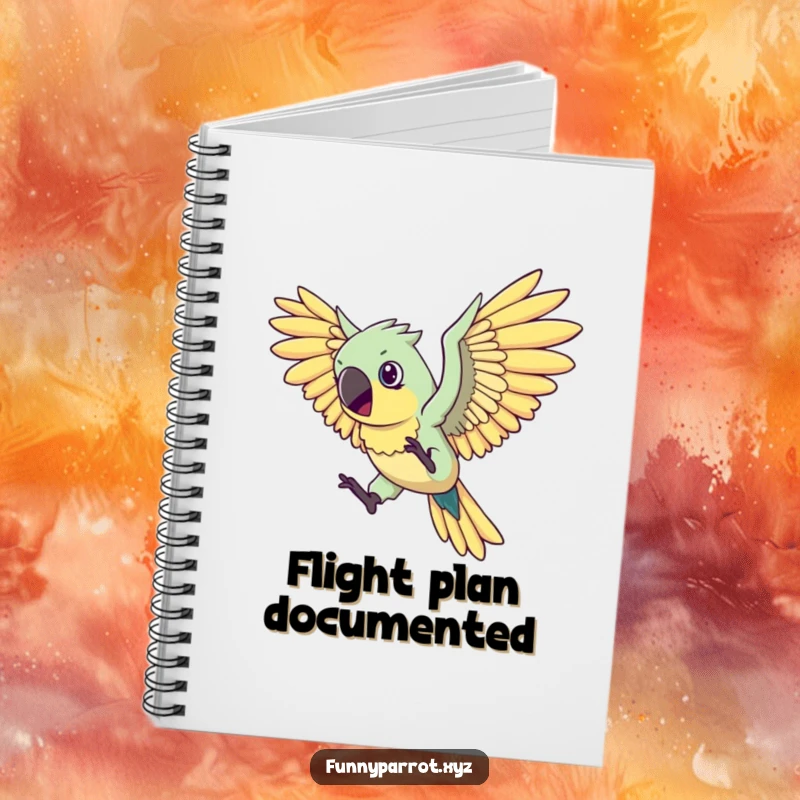 Funny flying parrot notebook featuring a determined parrot with large, comical wings attempting flight, perfect for jotting down ideas humorously.