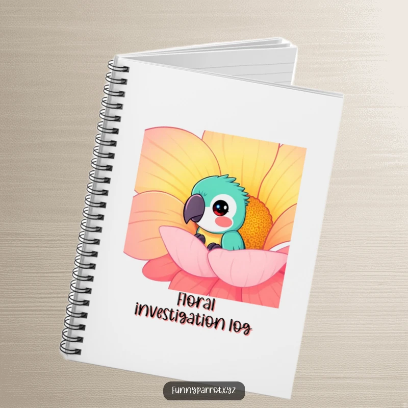 Funny curious parrot notebook featuring a parrot peeking out from behind a large, colorful flower, perfect for jotting down ideas humorously.