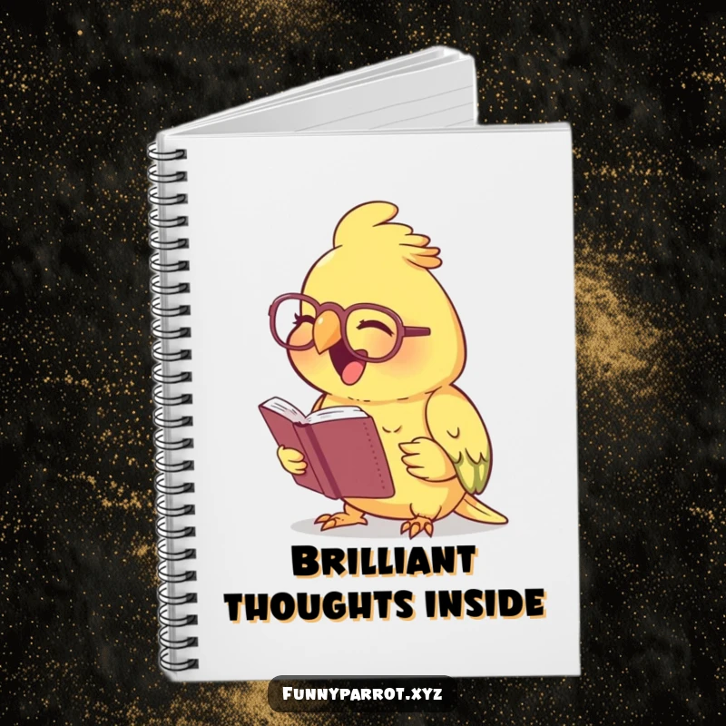 Funny laughing parrot notebook featuring a parrot wearing tiny spectacles, reading a small book and chuckling, perfect for jotting down ideas humorously.
