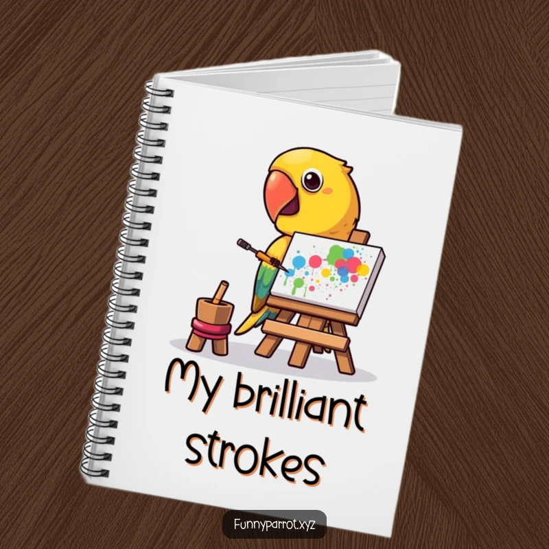 Funny notebook with a parrot painting a vibrant abstract splatter with its beak, inspiring creativity and humor.