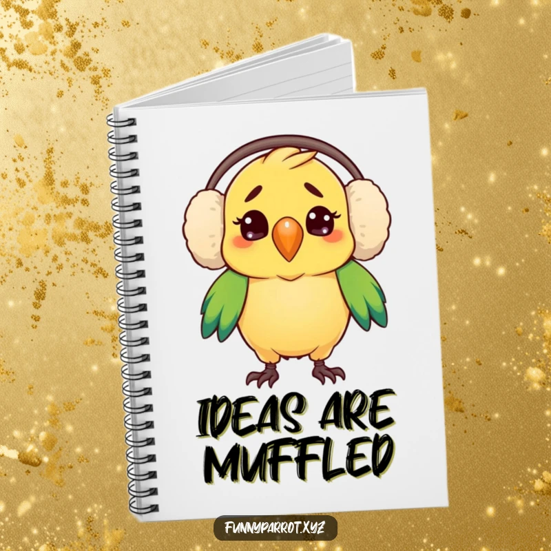 Funny notebook with a parrot looking comically confused in oversized earmuffs, ideal for jotting down thoughts humorously.